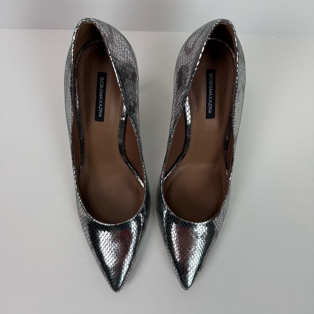 BCBGMAXAZRIA Marain Metallic Leather Metal Heel Graphite Snake Stiletto Size 9 - Picture 4 of 13